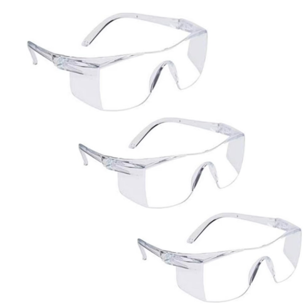 • Safety Clear Transparent white side covered white Goggles for Eye Protection – Cataract UV,Scratch Resistant,Laser Surgery, Lab, Construction, For Multipurpose Use, Driving, Dust-Proof, Wind-Proof – Includes Pouch and Cleaning Cloth(Pack of 3)