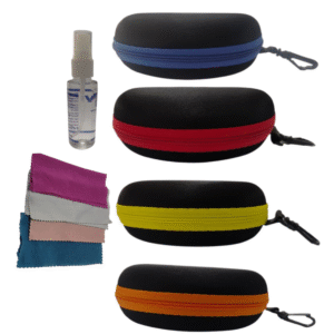 Sunglasses Case for Men & Women | Pack of 4 Hard Shell Zipper Eyeglass Cases with 4 Microfiber Cleaning Cloths & 2 Lens Cleaner Spray (30ml) | Protective Glasses Storage Box for Sunglasses, Spectacles & Goggles | Black